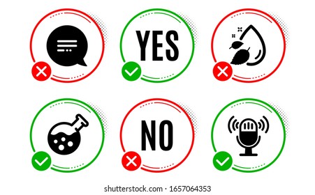 Text Message, Chemistry Lab And Water Drop Icons Simple Set. Yes No Check Box. Microphone Sign. Chat Bubble, Laboratory, Serum Oil. Mic. Business Set. Text Message Icon. Check Mark.