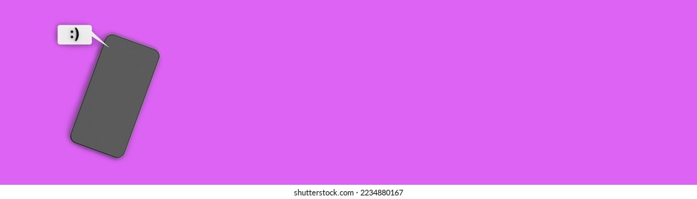 A text message containing a character emoticon. Mobile phone on a violet background. View of the gadget from above. Communication between people. Smartphone. 3d image. 3d rendering