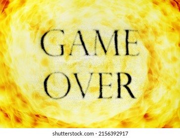 The text message Game Over (from a video game), over a rendered fire backdrop, yellow flames in a spiral, point of view from the center (coming to the viewer).
