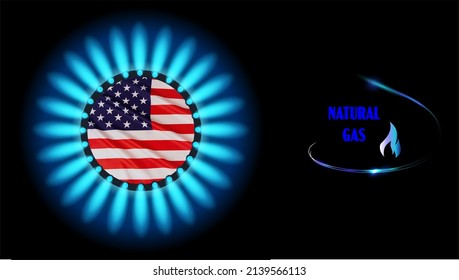 Text Natural Gas. Flame Circle With Blue Reflection, American National Flag , Fire Icon. Independent Of Imported Gas From Russia And Liquid Gas LNG - Liquefied Natural Gas Concept. Illustration