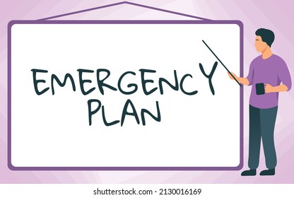 Text Showing Inspiration Emergency Plan. Word Written On Instructions That Outlines What Workers Should Do In Danger School Instructor Drawing Pointing Stick Whiteboard While Holding Cup.