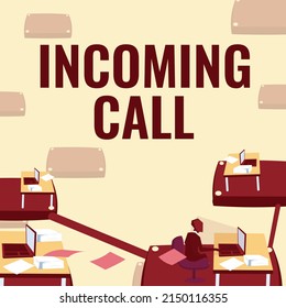 Text sign showing Incoming Call. Business concept Inbound Received Caller ID Telephone Voicemail Vidcall Male office worker utilizing technology available office supplies.