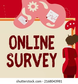 Text Sign Showing Online Survey. Conceptual Photo Reappraisal Feedback Poll Satisfaction Rate Testimony Businesswoman Presenting Business Proposal And Updates On Board.