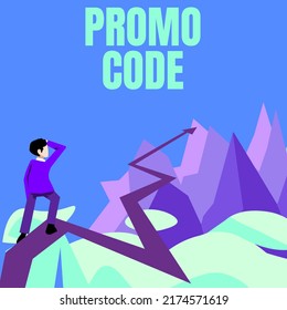 Text Sign Showing Promo Code. Business Idea Digital Numbers That Give You Good Discount On Certain Product Man Watching Horizon Arrow Pointing Symbolizing Future Project Success.