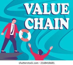 Text Sign Showing Value Chain. Word For Business Manufacturing Process Industry Development Analysis Gentleman In Suit Helping Colleague Representing Successful Teamwork.