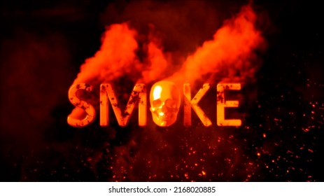 Text smoke with scary human skull on burning background - abstract 3D illustration
