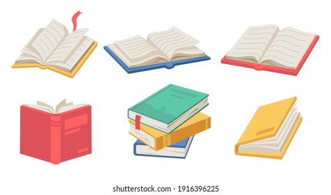 Textbooks with bookmarks and pages, isolated icons of stack of open books. Literature for leisure and magazines for educational purposes. Catalogs and journals, diary for writing in flat