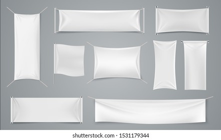 Textile Ad Banner. Blank White Fabric Advertising Mockup, Realistic Isolated Cloth Ad Sheet.  Image Folds Rectangular Promotion Flag