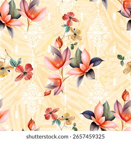 Textile design digital border and pattern. Create with unique flowers multi colored elements .
Ethnic ikat damask ornaments rugs and etc