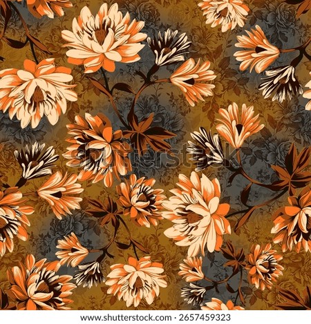 Textile design digital border and pattern. Create with unique flowers multi colored elements .
Ethnic ikat damask ornaments rugs and etc