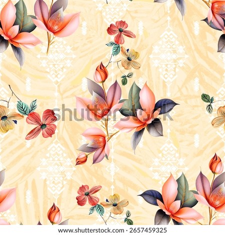 Textile design digital border and pattern. Create with unique flowers multi colored elements .
Ethnic ikat damask ornaments rugs and etc