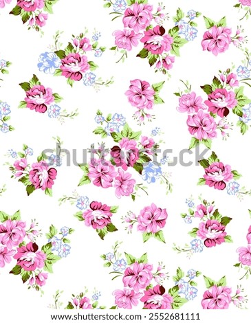 The textile design features a delicate and charming floral pattern. The design is characterized by clusters of pink roses with varying shades of pink, each flower blooming with intricate details. 