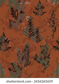  textile design solid abstract bright hibiscus flowers with stalk leaves, all-over seamless pattern with green and orange tone color illustration digital image printing factory