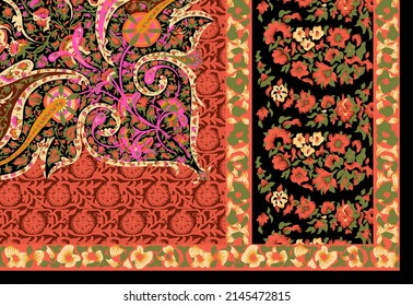 Textile digital design motif pattern decor border Mughal paisley abstract shape and hand made artwork suitable for gift card wallpaper women cloth front back and duppata fabric use in textile industry