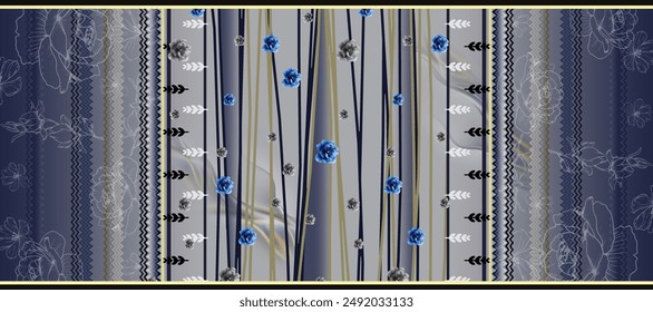 Textile digital design motif pattern decor hand made artwork frame gift card wallpaper women cloth ornament abstract border rug ethnic ikat etc new semi bold flower designs with geomatrical working
