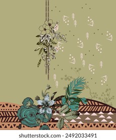 Textile digital design motif pattern decor hand made artwork frame gift card wallpaper women cloth ornament abstract border rug ethnic ikat etc new semi bold flower designs with geomatrical working
