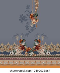 Textile digital design motif pattern decor hand made artwork frame gift card wallpaper women cloth ornament abstract border rug ethnic ikat etc new semi bold flower designs with geomatrical working
