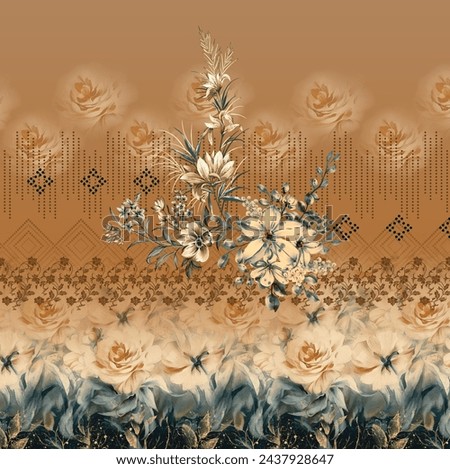 Textile digital design motif pattern decor hand made artwork frame gift card wallpaper women cloth ornament abstract border rug ethnic ikat etc new semi bold flower designs with geomatrical working
