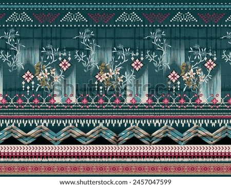 Textile digital design motif pattern decor hand made artwork frame gift card wallpaper women cloth ornament abstract border rug ethnic ikat etc. new semi bold flower designs with geometrical working

