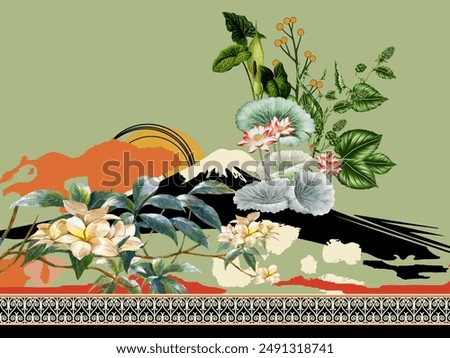 Textile digital design motif pattern decor hand made artwork frame gift card wallpaper women cloth ornament abstract border rug ethnic ikat etc new semi bold flower designs with geomatrical working
