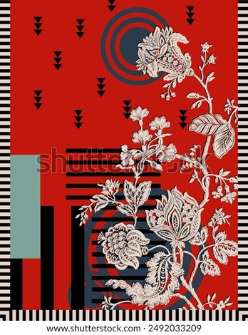 Textile digital design motif pattern decor hand made artwork frame gift card wallpaper women cloth ornament abstract border rug ethnic ikat etc new semi bold flower designs with geomatrical working
