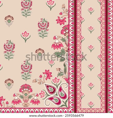 Textile Digital design motif pattern set of damask wallpaper gift card embroidery rugs Indian classical textured handmade artwork luxury flowers style in detailed watercolors painting and women dress 