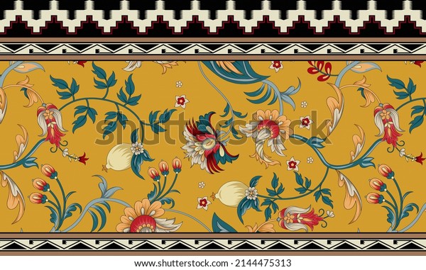 Textile digital design Mughal motif ikat ethnic\
set of damask pattern decor border hand made artwork suitable for\
frame gift card wallpaper  women cloth front back and dupatta used\
in fabric\
industry.