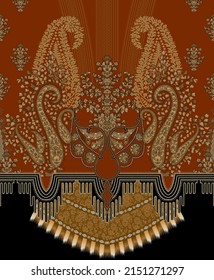 Textile Digital design set of damask motif ikat ethnic pattern decor border hand made artwork abstract rug shape wallpaper gift card frame for women's clothing front back with dupatta used in fabric.