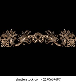 Textile Embroidery Border Lace Design With Asian Trendy Ornaments And Black Background