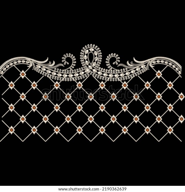 Textile embroidery lace border design with\
baroques and geometrical\
ornaments