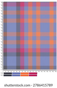 A textile pattern chart featuring a plaid design with intersecting horizontal and vertical bands in shades of blue, purple, orange, red, and dark gray. Numbered scales along the edges indicate measurements or thread counts, while a color key at the bottom displays swatches of the yarns used. This schematic visually represents how different colored threads combine to form a plaid pattern, making it ideal for textile manufacturing, fashion design, weaving projects, and interior decoration.
