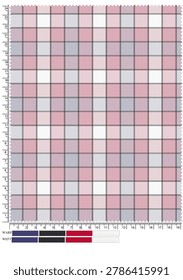A textile pattern chart featuring a plaid design with intersecting horizontal and vertical bands in shades of pink, red, blue, gray, and white. Numbered scales along the edges indicate dimensions or thread counts, while a color key at the bottom displays swatches of the yarns used, including dark blue, black, gray, red, and white. This schematic visually represents how different colored threads combine to form a plaid pattern, making it ideal for textile manufacturing, fashion design, weaving projects, and interior decoration.