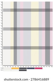 A textile pattern chart featuring a plaid design with intersecting vertical and horizontal stripes in shades of gray, cream, yellow, pink, and white. Numbered scales along the edges indicate dimensions in centimeters, while a color key at the bottom displays swatches of the yarns used. This schematic visually represents how different colored threads combine to form a plaid pattern, making it ideal for textile manufacturing, fashion design, weaving projects, and interior decoration.