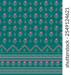 Textile print and embroidery traditional ethnic Indian Mughal theme composed design layout allover floral Buti art colorful seamless border pattern background