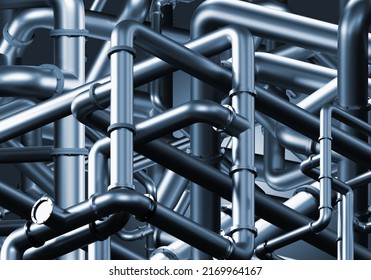 Textura pipes. Intertwining steel pipes Background. Labyrinth of pipes visualization. Background with pipeline. Steel texture with pipeline. Engineering communications background. 3d rendering.