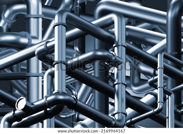 Textura pipes. Intertwining steel pipes\
Background. Labyrinth of pipes visualization. Background with\
pipeline. Steel texture with pipeline. Engineering communications\
background. 3d\
rendering.
