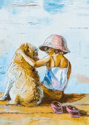 Texture, Background. Painting On Canvas Painted With Oil Paints. The Picture Drawn By A Boy Sitting On The Beach (lake) With A Boy Sitting Next To Dog