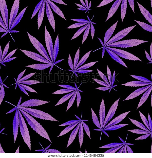 デザイン壁紙のテクスチャー 黒い背景に紫の葉 マリファナ草のシームレスな模様 のイラスト素材