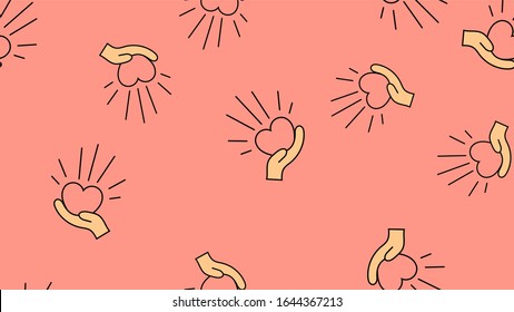 Texture endless seamless pattern from flat icons of hands and hearts, love items for the holiday of love Valentine's Day February 14 or March 8 on a pink background. illustration.