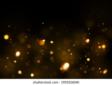 Texture Glitter And Elegant For Christmas. Sparkling Magical Gold Yellow Dust Particles. Bokeh Effect. Magic Golden Concept. Abstract Black Background.