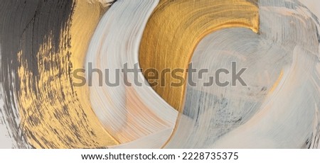 Texture Oil and Acrylic smear blot painting  Abstract gold, black and beige color stain brushstroke paper horizontal long background. Contemporary art.