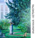 Texture, pattern, background. picture is drawn with oil paint. tree branches. rainy evening. summer. water reflection in the lake. Man and woman under an umbrella