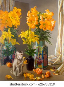 Texture, Pattern, Background. Picture Is Drawn With Oil Paint. Monkey Playing With Lepistkom Flower, Mandarin Near The Chinese Vase. Yellow Lily In Two Vases Are Reflected In A Mirror