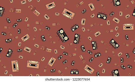 Texture, seamless pattern from audiowder with headphones, old vintage retro hipster film audio cassette and music cassette tape recorder. Poster.  illustration.