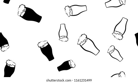 Texture seamless pattern of many colored glasses of mugs with frothy beer cold light dark lager and stout porter. Pattern for the label. The background. illustration.