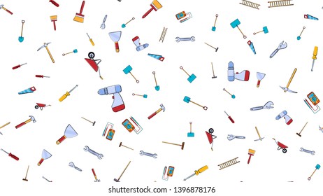 Texture, seamless pattern from a set of construction tools for repair: hammer, shovel, screwdriver, wrench, tester, brush, saw, trolley, trowel, ladder on a white background. illustration. - Powered by Shutterstock