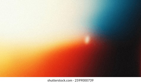 A textured abstract image featuring a gradient blend of warm orange, red and cool blue, teal colors. Light to dark transition. Film grain effect is present.