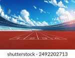 textured  athlete running track in athletic stadium bein sunlight with copy space - center. Big panorama. 3D Illustration.