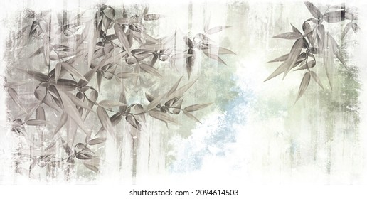 Textured Background On Which Painted Branches With Leaves, Wall Murals In A Room Or Interior Of A House