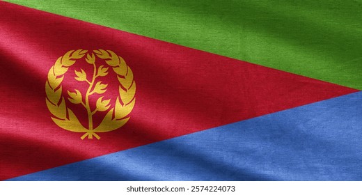 Textured Eritrean flag featuring green, red, and blue triangles with a golden olive branch wreath on a red background.